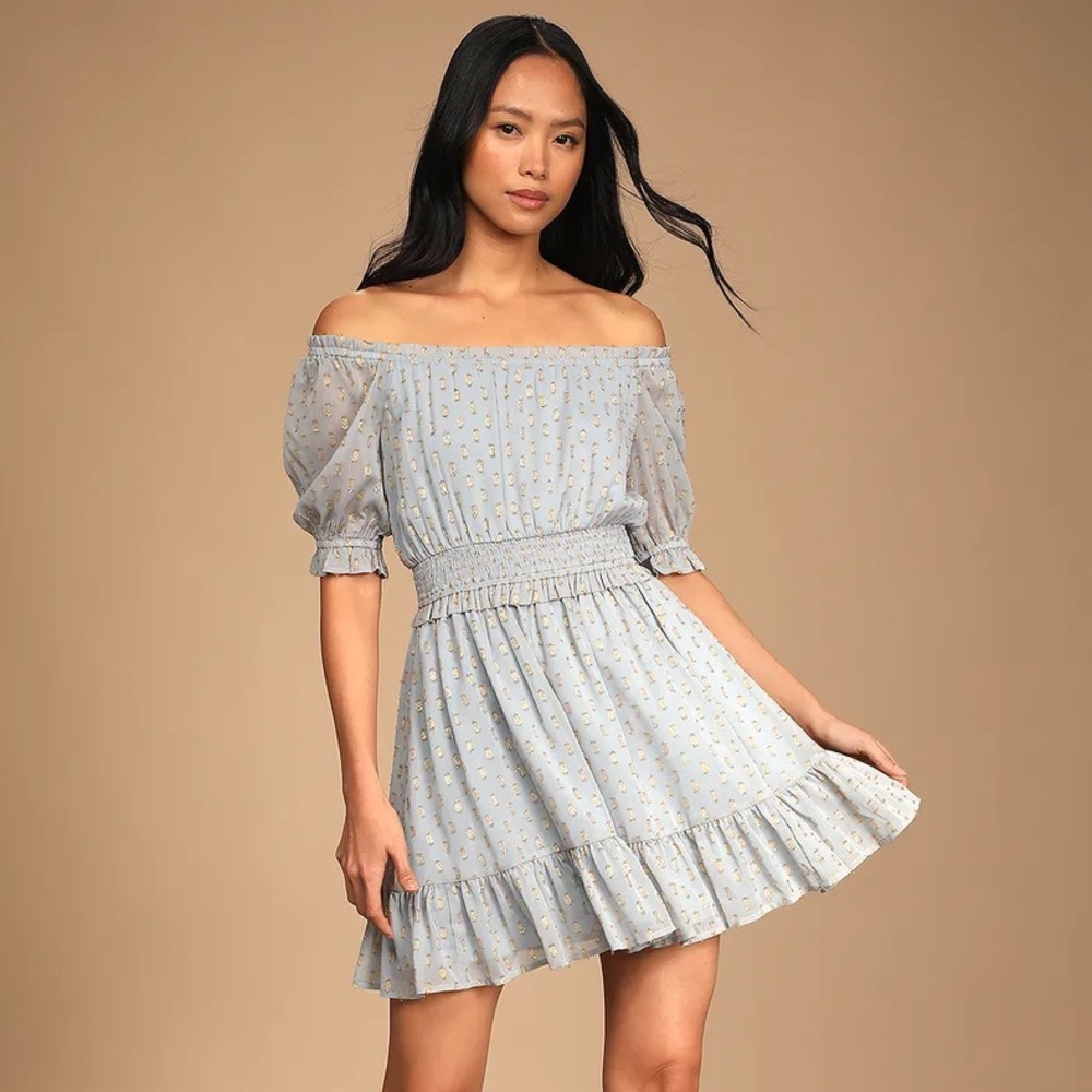 Touch of Glam Dusty Blue Dotted Off-the-Shoulder Mini Dress - Size M